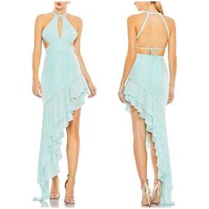 Mac Duggal NWT Blue Sequined Halter Cut Out Ruffle Asymmetrical Dress Size 0